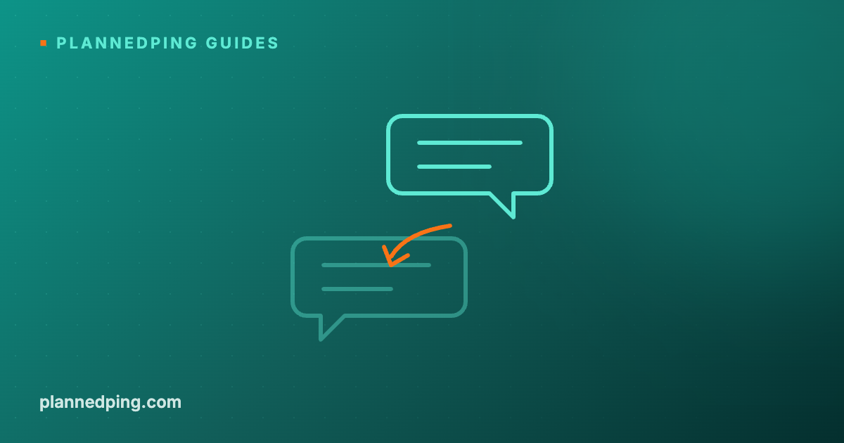 Line illustration on a dark teal background of two chat bubbles — a brighter upper-right bubble and a fainter lower-left one — with a small orange arrow curving down from the upper bubble into the lower one, standing for a follow-up that circles back to an earlier message