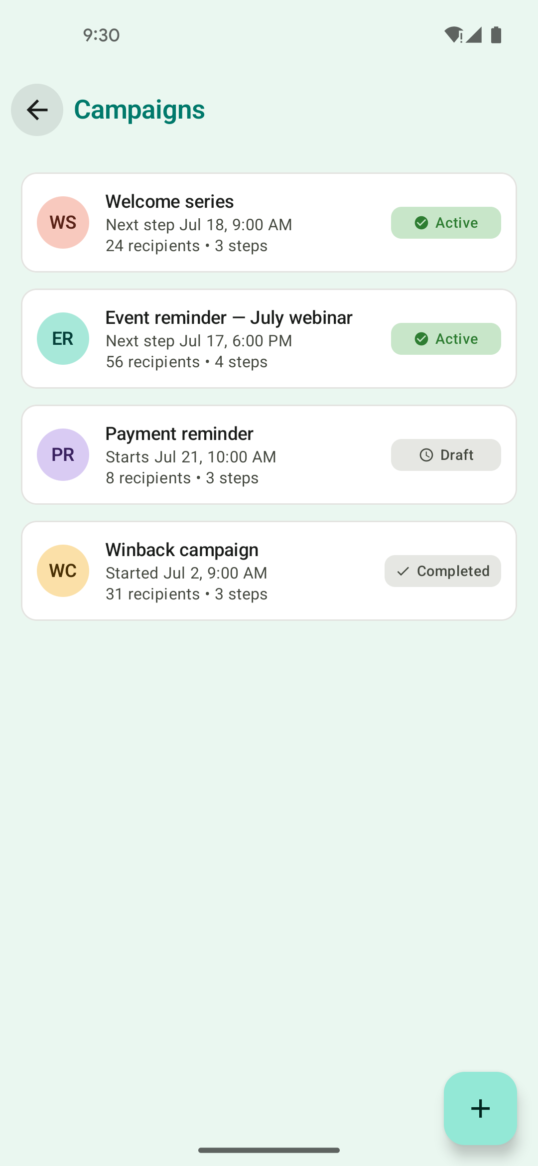 Campaigns list showing a welcome series, event reminder, payment reminder, and winback campaign with Active, Draft, and Completed statuses