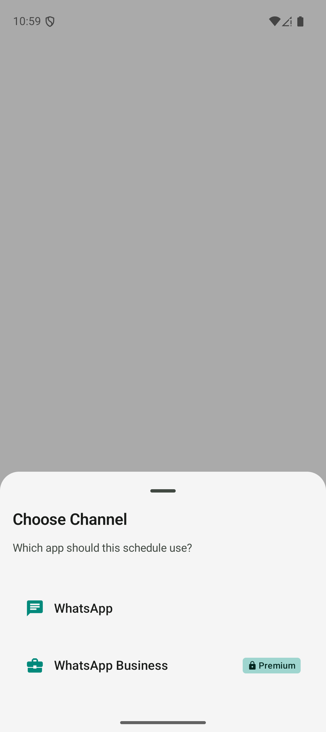 Channel picker showing WhatsApp and WhatsApp Business options