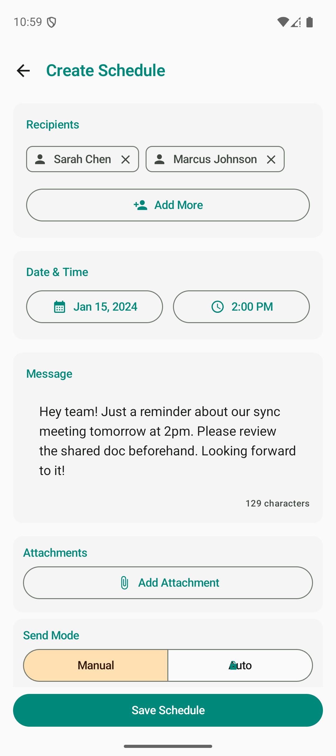 Composing a scheduled WhatsApp message with recipients, date, time, and send mode