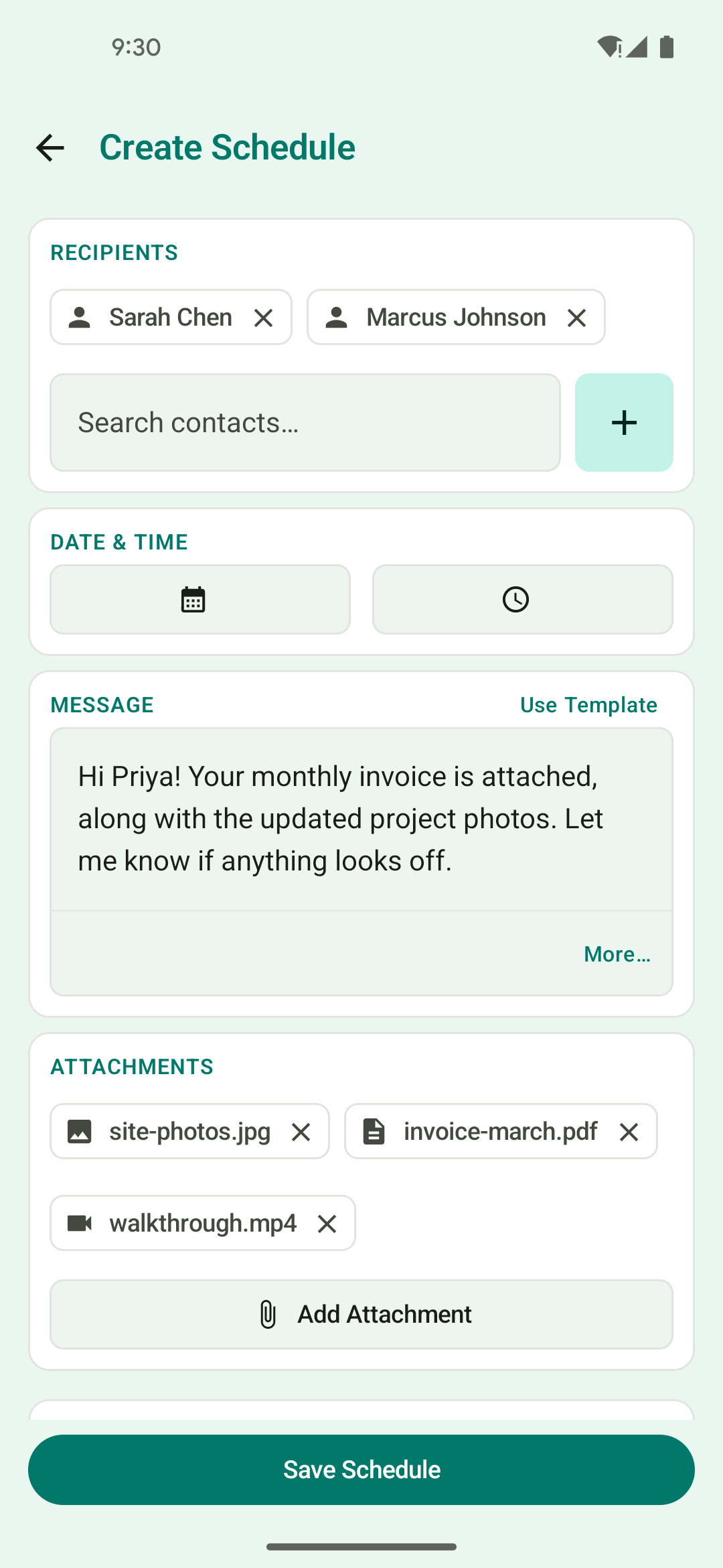 Scheduled message with an image, PDF, and video attached alongside the message text