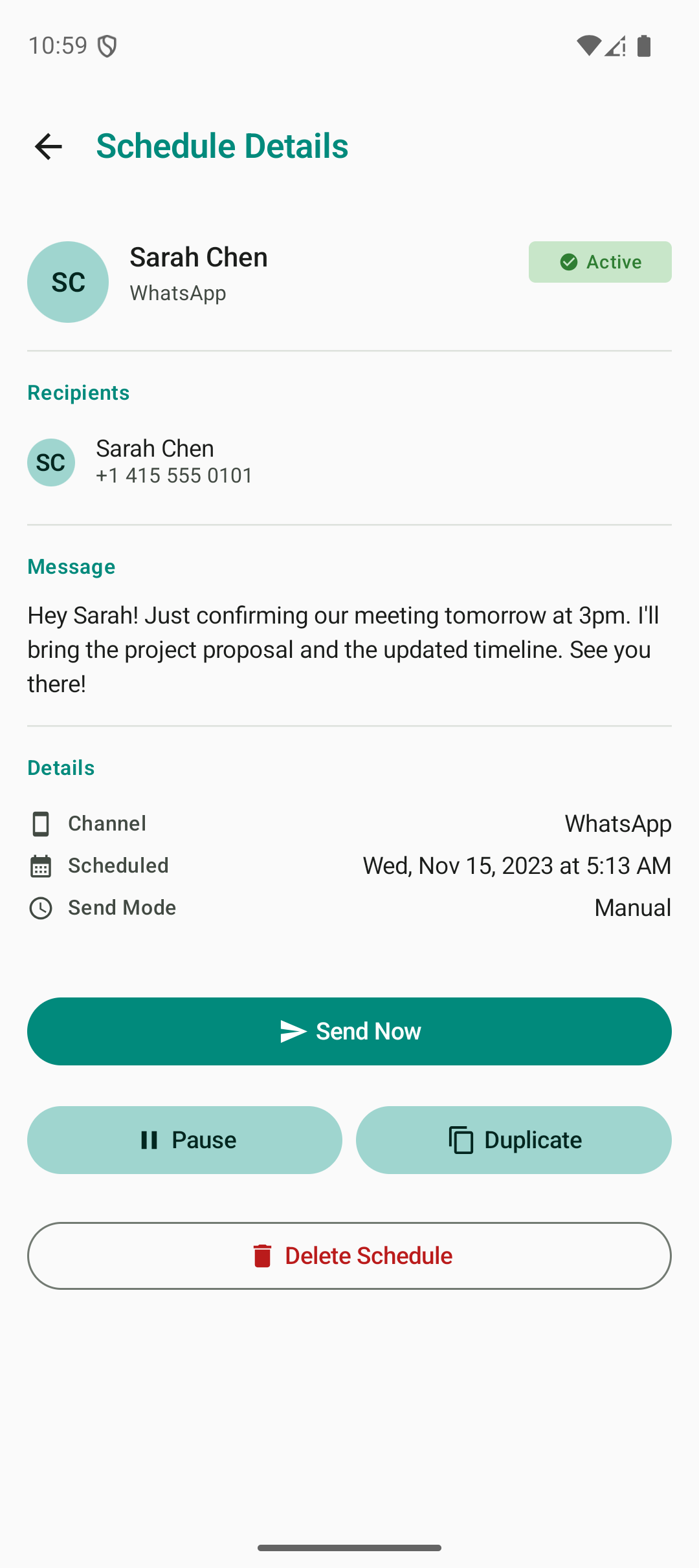 Schedule detail view showing message content, recipient, and send options