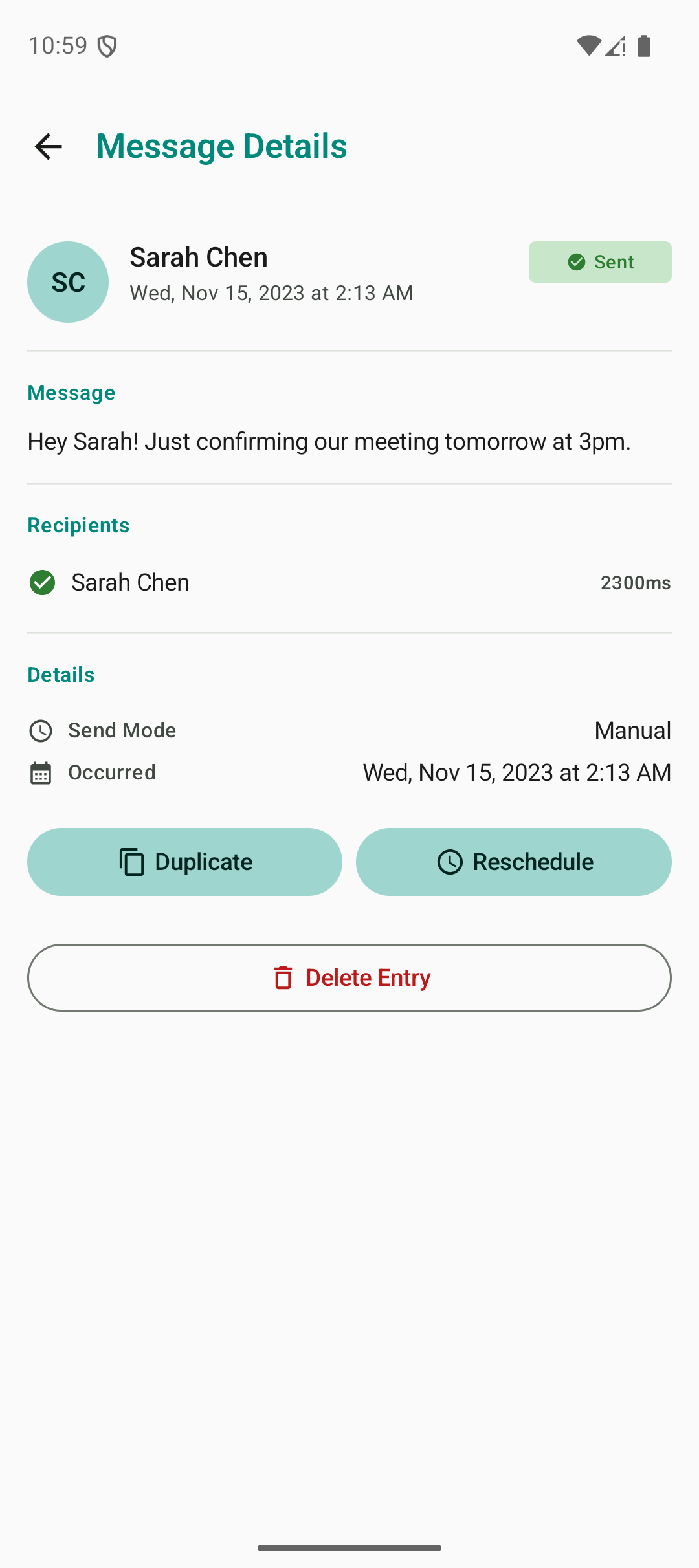 History detail of a sent message showing delivery confirmation and timing