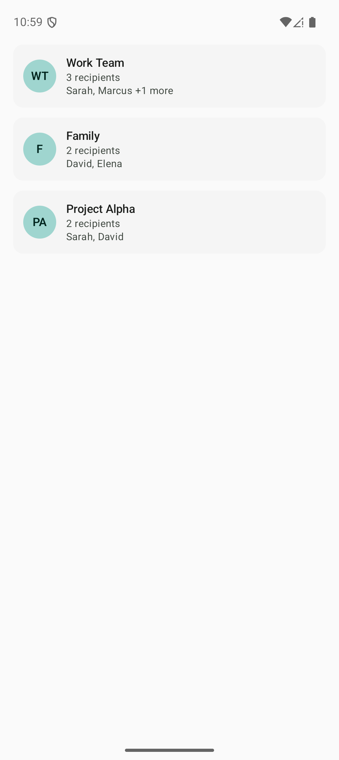 Saved recipient lists showing Family and Project Alpha groups
