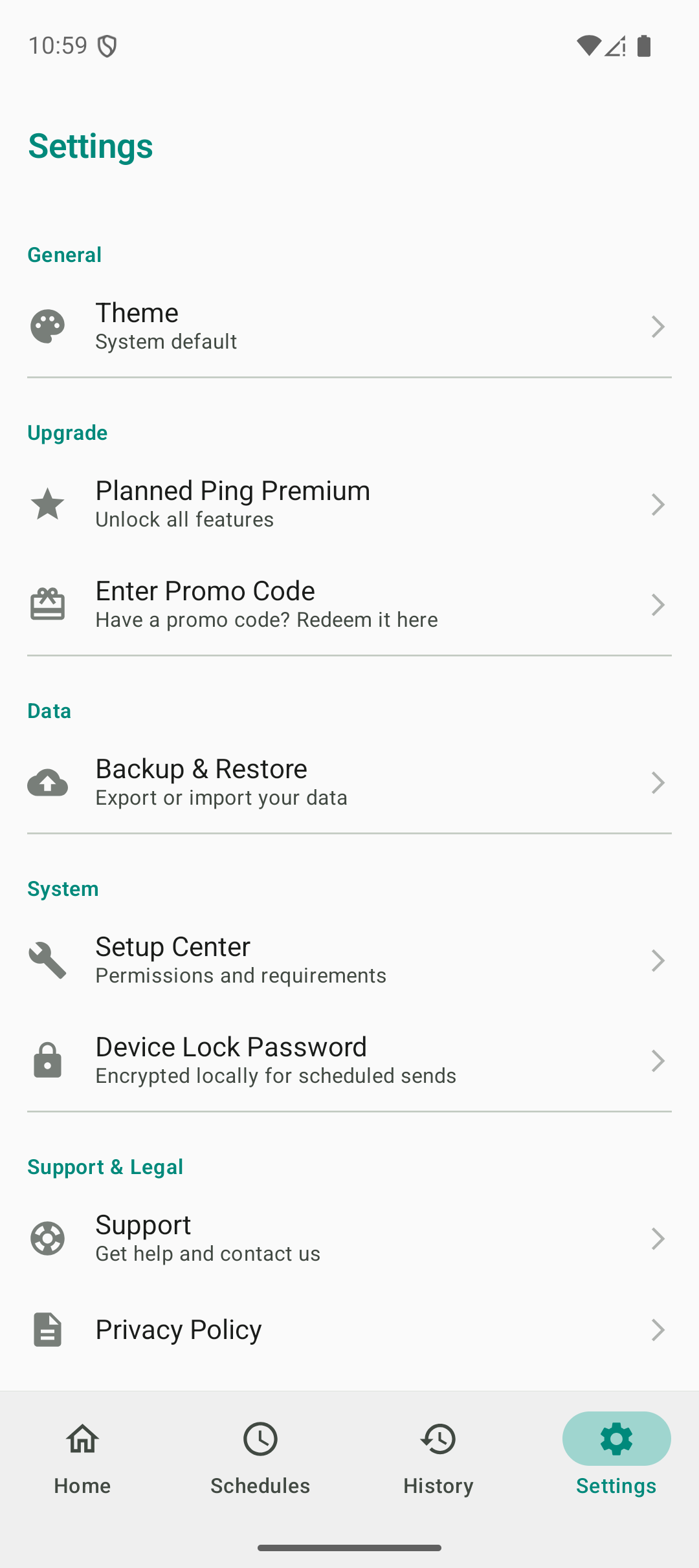 Settings screen showing Backup & Restore, Setup Center, and other options