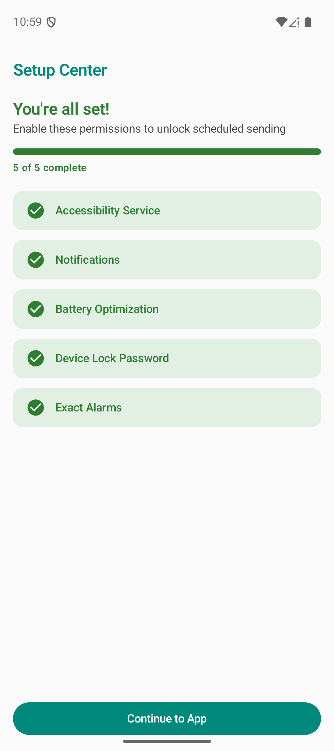 Setup checklist showing all permissions enabled: Accessibility, Notifications, Battery, and more